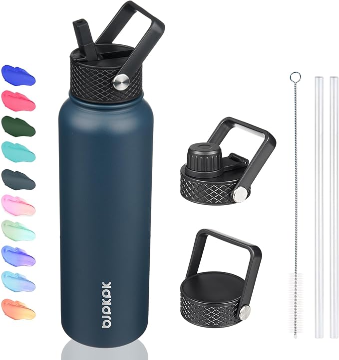 BJPKPK Insulated Water Bottles with Straw Lid, 40oz Stainless Steel Water Bottles with 3 Lids, BPA Free Leakproof Thermo, Tumblers, Cups for Sports, Gym- Navy Blue