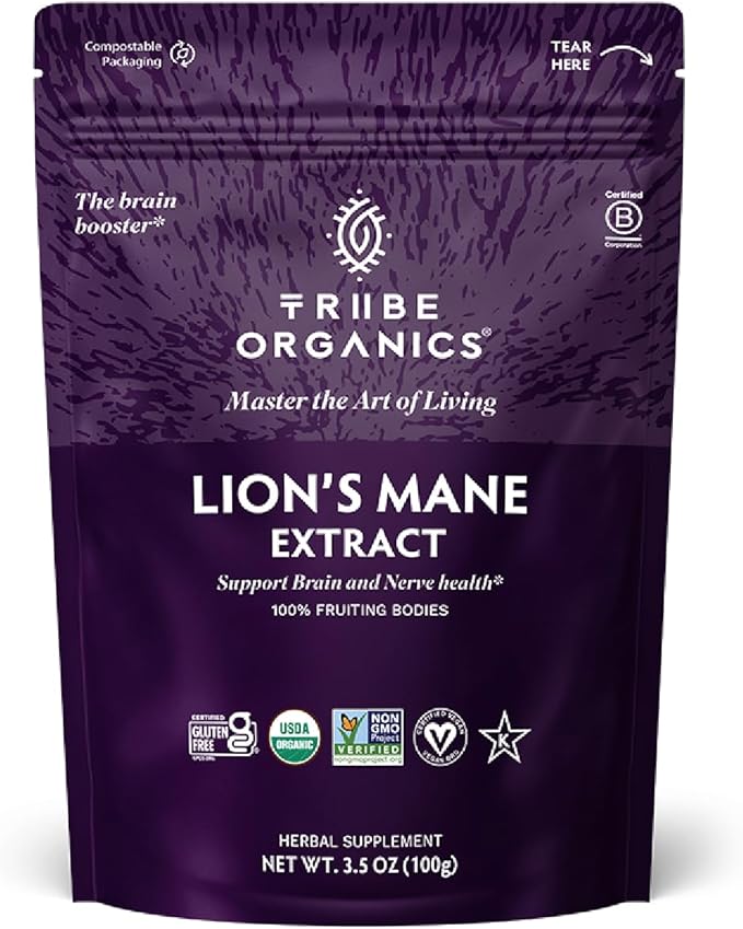 TRIBE ORGANICS Lion’s Mane Powder - Organic Mushroom Extract Powder - Immune System Booster & Brain Nootropic for Focus and Memory - Natural Energy and Immunity - 100g Pouch - 100 Servings