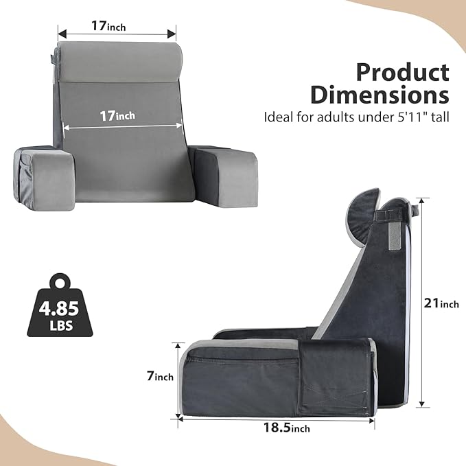 Vekkia 21" Reading Pillow with Adjustable Arms & Headrest – Zoned Foam Support, XL Side Pockets, Removable Cover, Back Support Chair for Reading, Gaming, TV, Post-Surgery Recovery in Bed or Floor