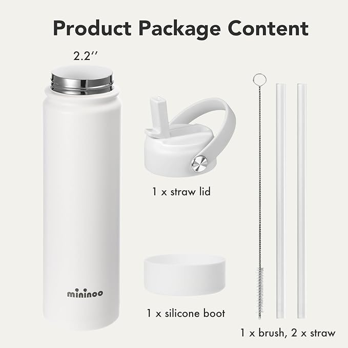 Insulated Stainless Steel Water Bottle with Straw, Ceramic-Lined, BPA-Free & Leak-Proof, 24 oz, White