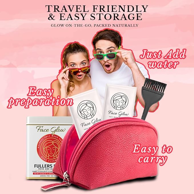 Face Glow- Fuller’s Earth w/Rose & Aloe Vera- 12 Individual Sachets of Multani Mitti (10 gm each)- Reusable Brush & Tray Included- Timeless Radiance- Face Mask for Healthy Looking Skin- Chemical Free