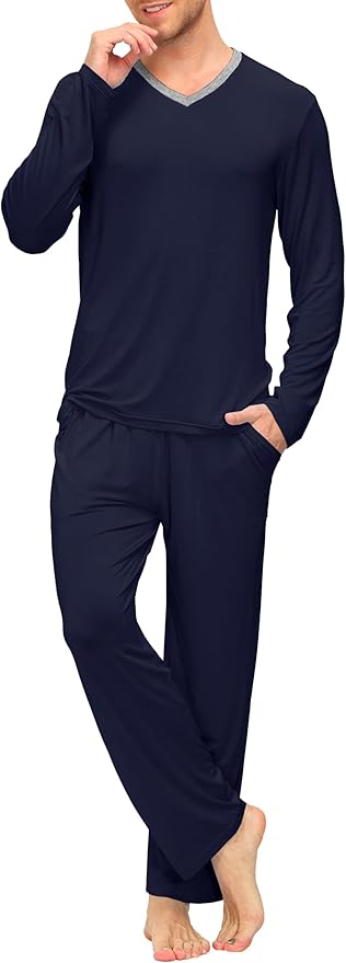 JINSHI Men's Pajama Sets Sleepwear Nightwear Lightweight Quick Dry Soft 2 Piece Long Sleeve Mens Loungewear Sets with Pocket