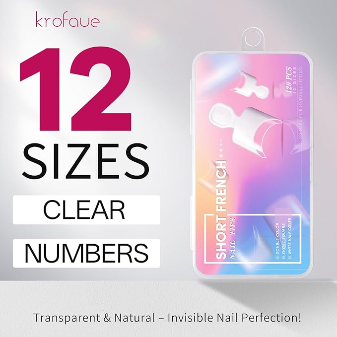 Krofaue French Nail Tips - 120PCS Acrylic White Fake Nails Art Tips 12 Sizes Half Cover False Nails Wrap Edge Square Nails with Case for DIY Nail Extensions