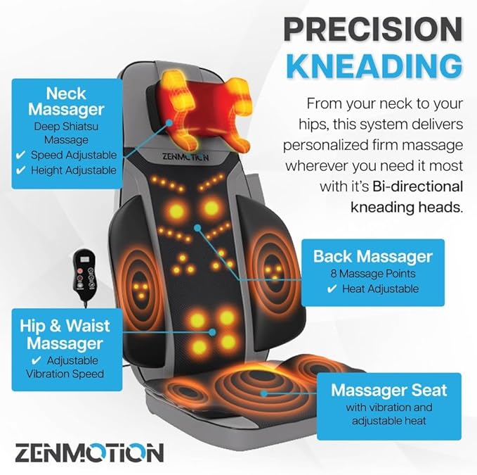 Full Back Massager with Heat-Shiatsu Massage Chair Pad - 12-Point Shiatsu Back Massager for Chair with Height Adjustable Neck Massaging - Home Office Travel Kneading Massage Pads for Chairs