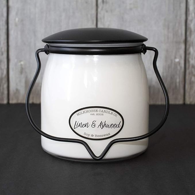 Milkhouse Candle Company - Linen & Ashwood - Creamery Collection - 16oz Double Cotton Wick Soy Candles with Beeswax - Long Burn Time, Made in The USA - Non Toxic, Premium Scented Candles