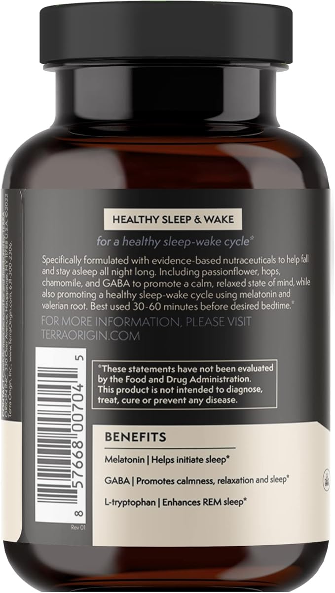 TERRA ORIGIN Healthy Sleep & Wake | Natural Sleep Aid Supplement for Adults | Restful and Awake Refreshed | GABA, L-Tryptophan, Melatonin, Chamomile, Valerian, PassionFlower | 60 Capsules