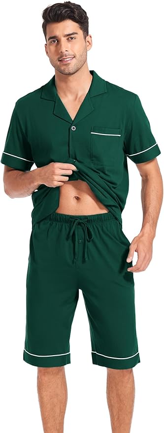 COLORFULLEAF Men's 100% Cotton Short Sleeve Pajama Sets Button Down Notched Collar Sleepwear Soft Lounge Pjs with Pockets