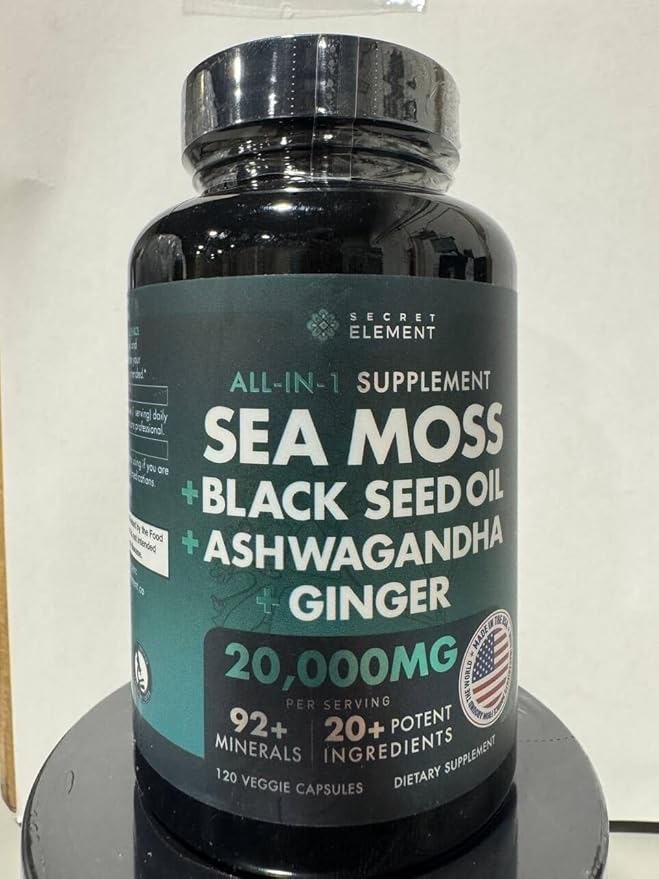 Irish Sea Moss Black Seed Oil Ashwagandha Ginger, 20,000mg Capsules, Seamoss Black Seed Oil Ashwagandha Burdock Root, All in One Supplement, 120 Capsules