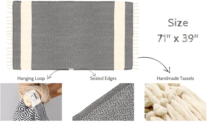 Bazaar Anatolia Turkish Beach Towel – 100% Cotton, Quick Dry, Lightweight and Sand Free – Perfect for Bathroom, Travel, Yoga, Camping, Oversized 71x39 inches - Diamond Black