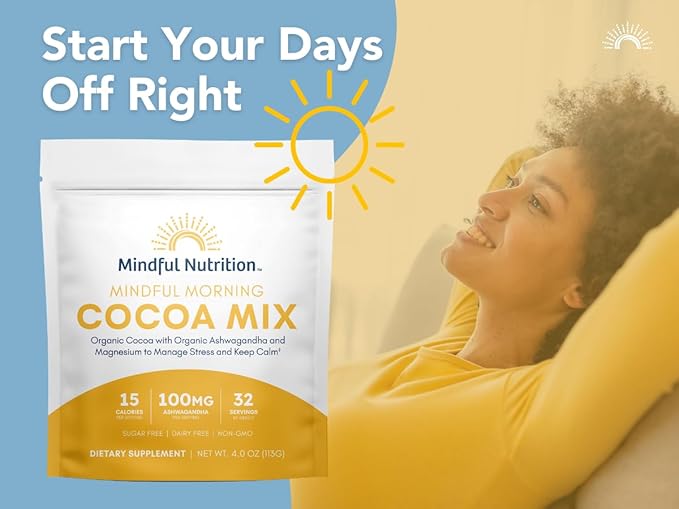 Mindful Morning Sugar Free Hot Chocolate Mix with Organic Ashwagandha and Magnesium Supplements to Relax the Mood and Calm the Mind, Natural Stress Relief Supplement Hot Cocoa