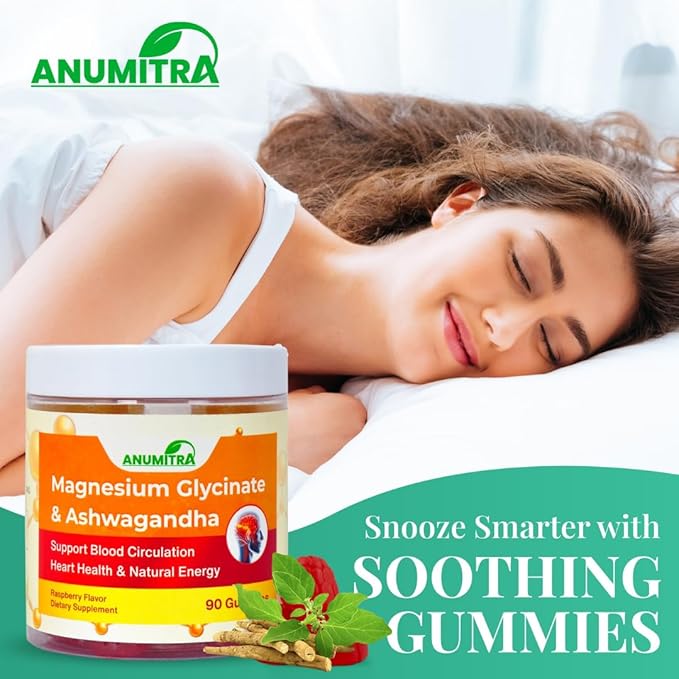 ANUMITRA Magnesium Glycinate 400mg and Ashwagandha Gummies for Men & Women-90 Count- Sugar Free Chews for Stress Relief gumies, Night Rest Promotes Relaxation & Well-Being Raspberry Flavor