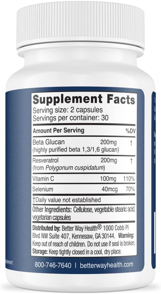 Better Way Health Advanced Immune Readiness – 1,3/1,6 Beta Glucan with Vitamin C, Selenium & Resveratrol – Immune Support Supplement for NK Cells & Phagocytosis – 60 Capsules