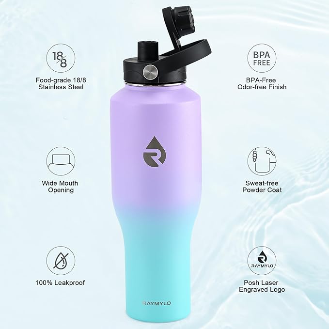 40 oz Insulated Water Bottle with Straw fit in Car Cup Holder, Triple Wall Vacuum Stainless Steel(Cold 48 hrs, Hot 24 hrs), Leakproof & Non-BPA, Hydro Travel Flask with Straw and Spout Lid