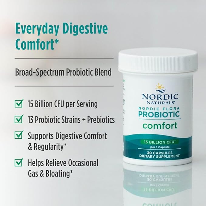 Nordic Naturals Nordic Flora Probiotic Comfort - 30 Capsules - 13 Probiotic Strains w/ 15 Billion Cultures - Supports Regularity & Digestive Comfort, Alleviates Bloating - Non-GMO, Vegan - 30 Servings