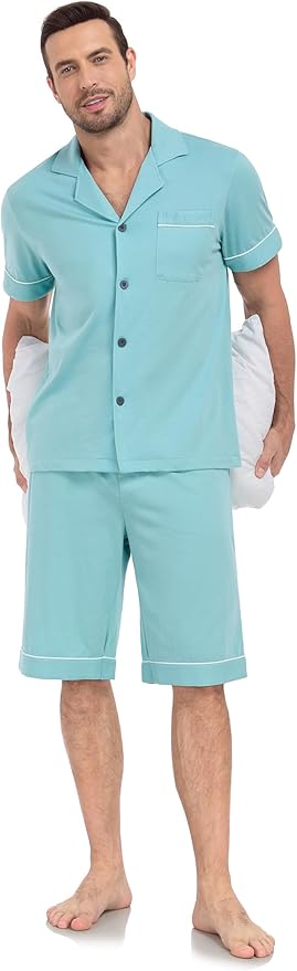 COLORFULLEAF Men's 100% Cotton Short Sleeve Pajama Sets Button Down Notched Collar Sleepwear Soft Lounge Pjs with Pockets
