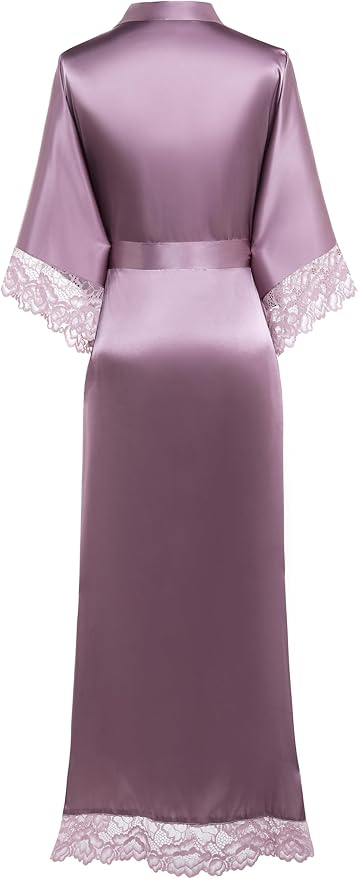 BABEYOND Satin Kimono Robe Silky Long Bridesmaid Wedding Lightweight Bath Robe with Lace Trim