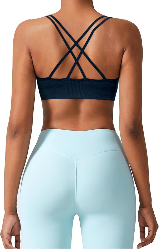 Sports Bra for Women V-Neck Strappy Criss Cross Yoga Bra Padded Medium Support Workout Gym Athletic Fitness Bras 3 Pack