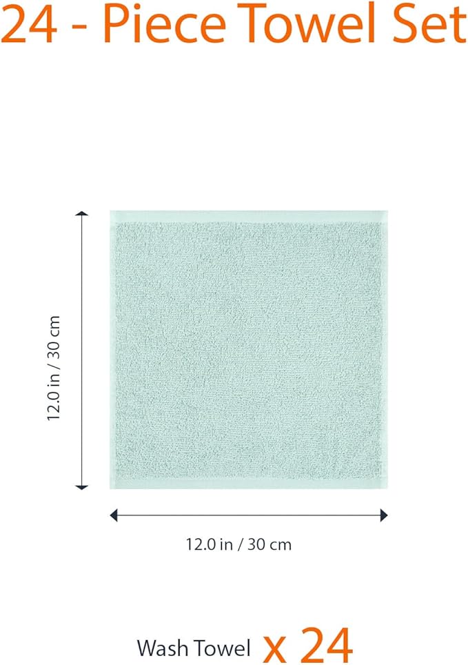 Amazon Basics face Towels for bathroom, 100% Cotton Extra Absorbent washcloth, Fast Drying - salon towel - 24 Pack Ice Blue (12 x 12 inches)