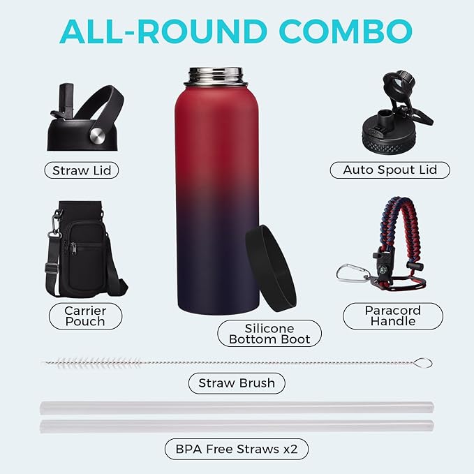 40 OZ Insulated Water Bottles with Straw Lid, Stainless Steel Water Bottle for Men Women, Wide Mouth Water Flask Sports with Shoulder Carrier Bag, Paracord Handle, Straw & Spout Lids
