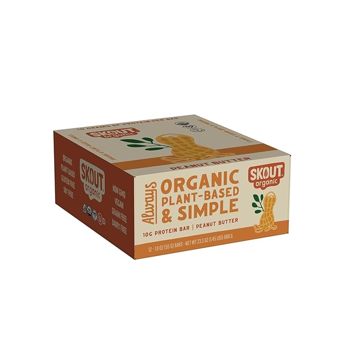 Skout Organic Plant-Based Protein Bars Peanut Butter (12 Pack) – 10g Protein – Vegan Protein Bars – Only 3 Ingredients – Easy Snack – Gluten, Dairy & Soy Free