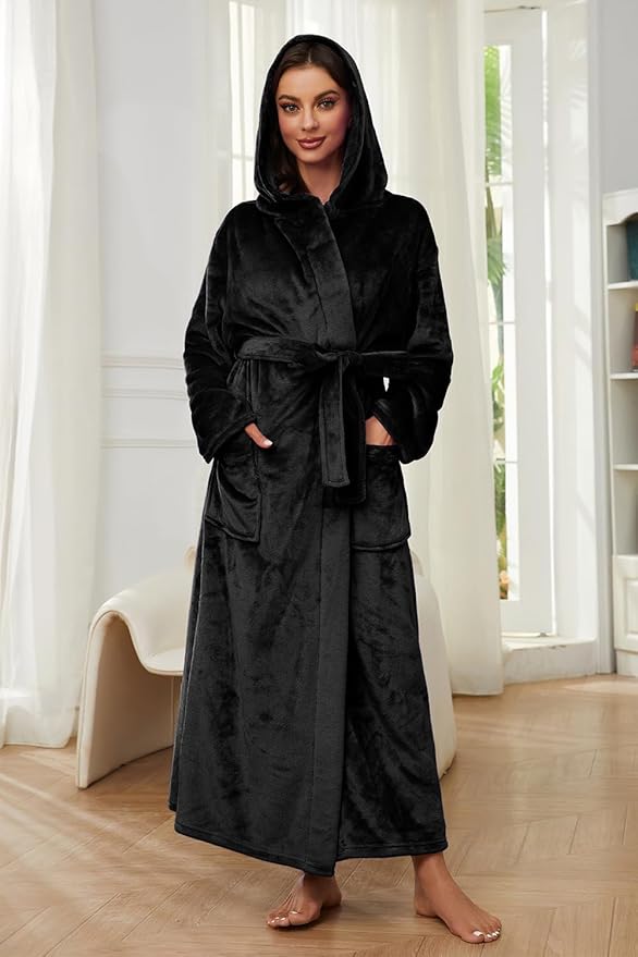 HEARTNICE Womens Long Hooded Robe, Soft Warm Fleece Bathrobes Full Length Plush House Coat