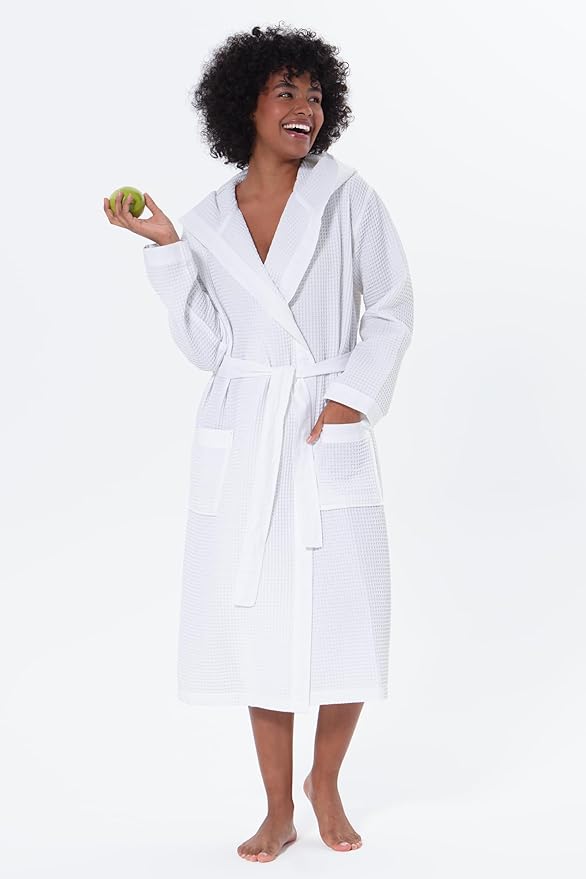 SEYANTE Women’s Luxury Waffle Shawl Collar, Hooded Robe w Piping – Lightweight, Long, Ultra Soft Spa Sleepwear Bathrobe