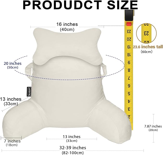 SLIGUY Reading Pillow for Sitting in Bed Couch Adult, Back Pillow with arm Support and Pockets, Adult Back Pillow Bed Chair for Bed Rest, Reading, Watching TV, Gaming for Boys and Girls Beige