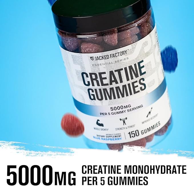 Jacked Factory Creatine Monohydrate Gummies 5g Daily Dose (1g per Gummy) - Creatine Gummy for Men and Women, Vegan-Friendly, Travel-Friendly, Third-Party Tested - 150 Gummies, Blue Raspberry