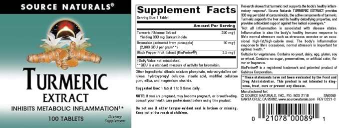 Source Naturals Turmeric Extract - Supports Healthy Inflammatory Response* - 100 Tablets