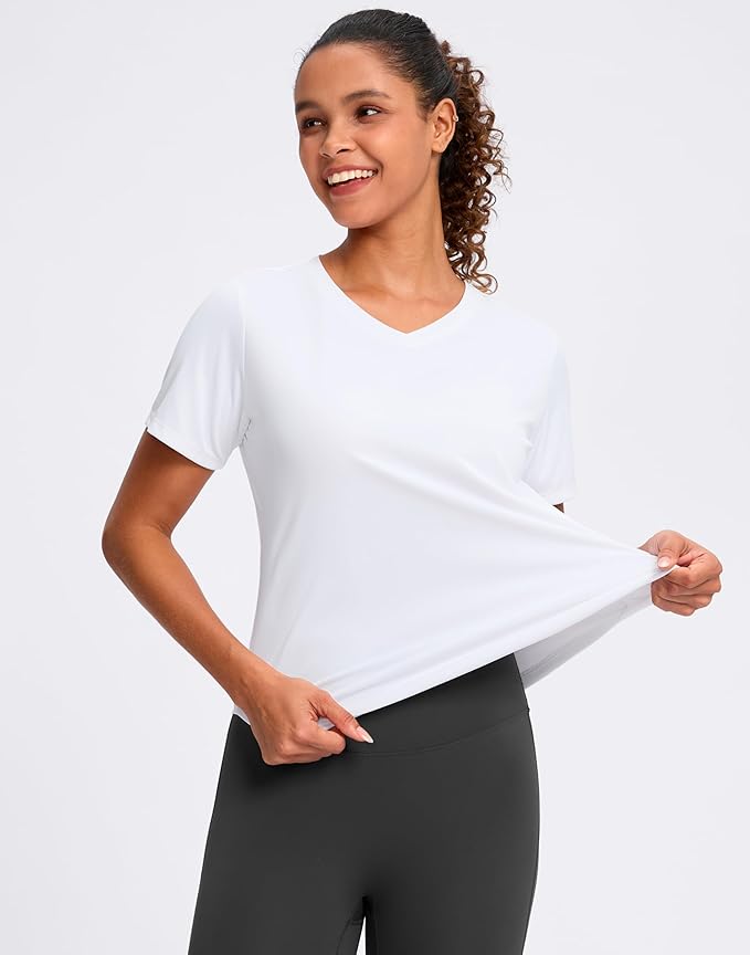 Womens Workout Tops V-Neck Short Sleeve UPF 50+ Sun Shirt Moisture Wicking Quick Dry Top for Gym, Running, Athletic