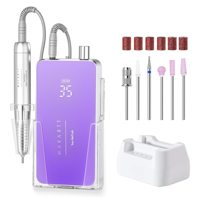Makartt Professional Nail Drill - 35000RPM Electric Nail File with 60W Coreless Motor, 2 in 1 Desktop & Portable Rechargeable E File with Drill Bits and LCD Display, Nouvella Purple