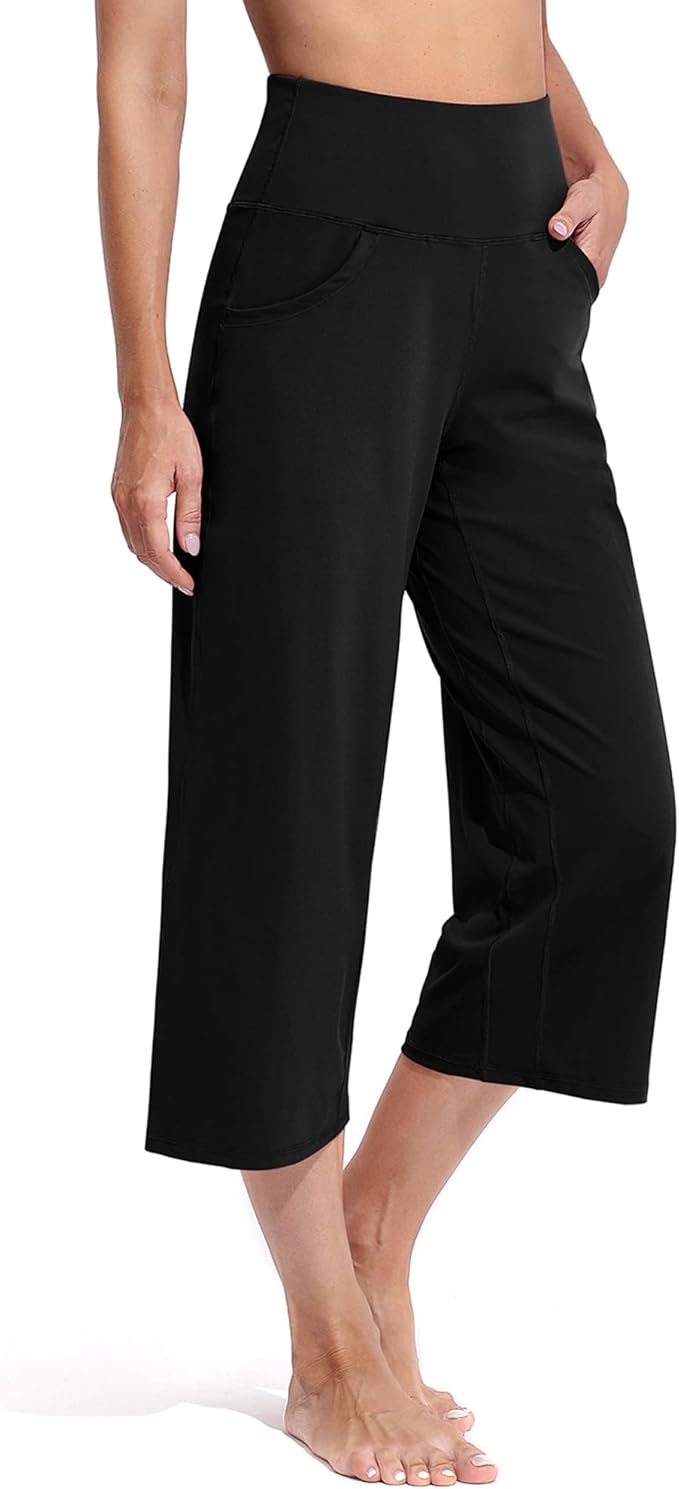 Promover Capri Pants for Women Wide Leg Yoga Cropped Pants with Pockets Loose Casual Summer Pants