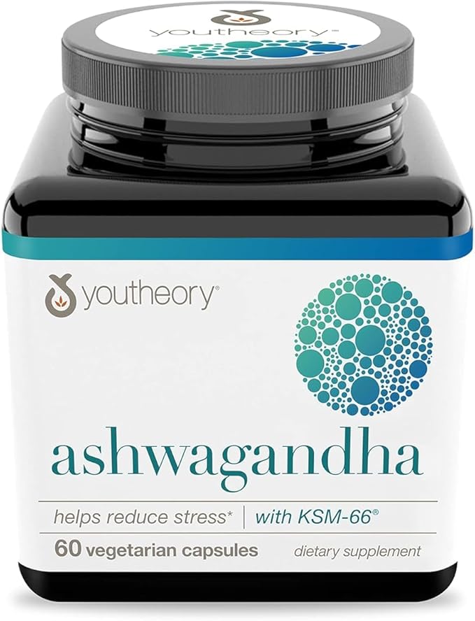 Youtheory Ashwagandha - 1,000 mg - Energy, Sleep, Stress & Cortisol Support Supplement - Adaptogenic Herbal Blend with Organic KSM-66 Ashwagandha & Ginger - 60 Vegetarian Capsules (30-Day Supply)