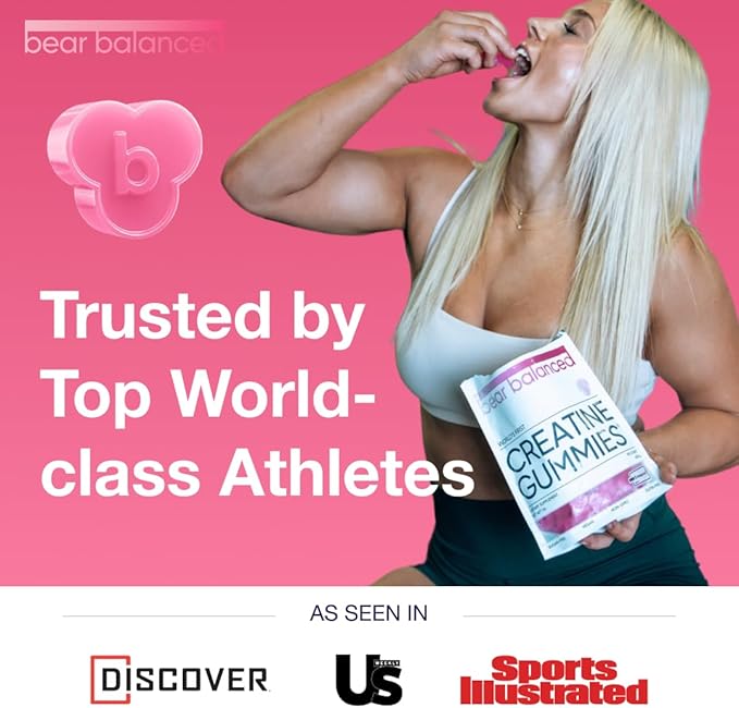 Bear Balanced Creatine Gummies for Men & Women - Creapure® Creatine Monohydrate, L-Theanine, L-Tyrosine & B12 for Muscle Growth, Strength, Focus, Energy & Health - Low Calorie, Sugar-Free, & Vegan