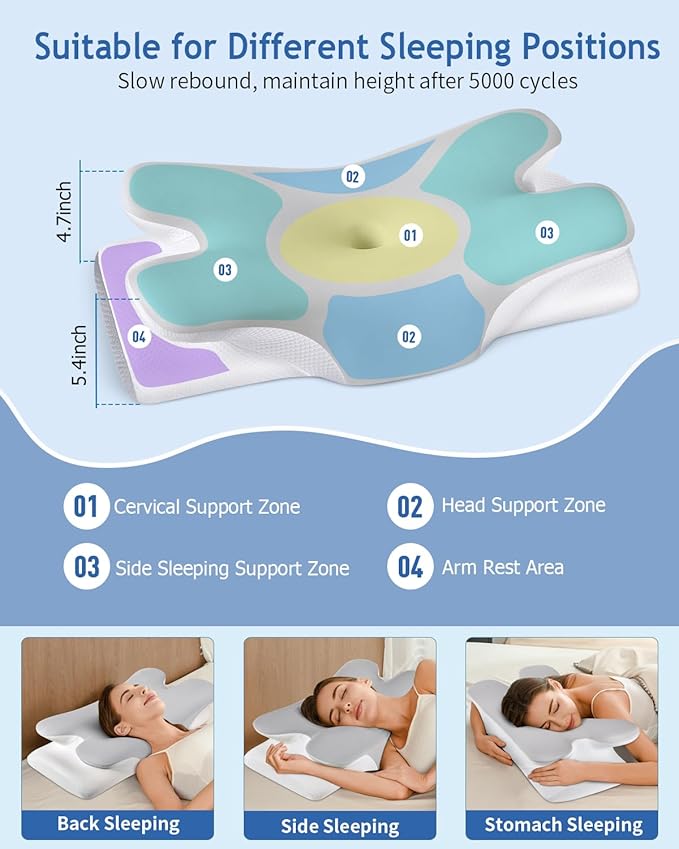 Cervical Neck Pillow for Neck Shoulder Pain Relief, Soft Contour Side Sleeper Pillow of 2 Heights, Odorless Q-max Cooling Memory Foam Orthopedic Bed Pillow for Back Stomach Sleeper