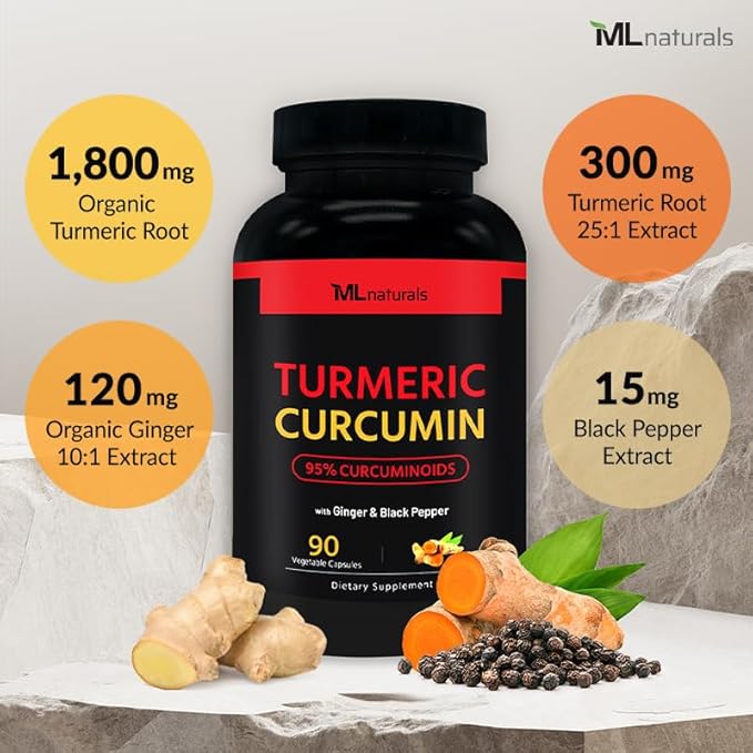 ML Naturals Turmeric Curcumin 90 Vegetable Capsules Organic Turmeric 1,800 mg. Turmeric Root 7,500 mg Equivalent - 300 mg of 25:1 Extract. NSF-Certified & cGMP-Compliant,Third-Party Lab Tested