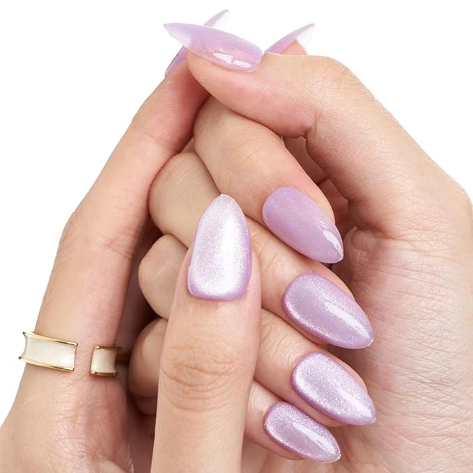 GLAMERMAID Pure Purple Magnet Cat Eyes Press on Nails Short Almond, Handmade Jelly Gel Fake Nail Kits, Ombre Glitter Magnetic Glue on Nail Stiletto,Aurora Medium Oval Stick on False Nail Set for Women