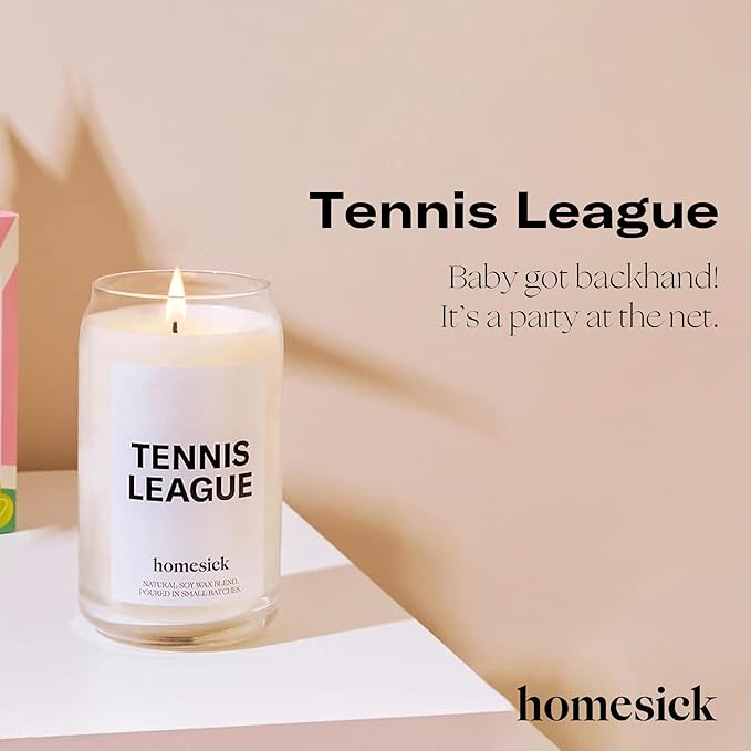 Homesick Scented Candles for Home (Tennis League) - 13.75 oz Long-Lasting Soy Wax Blend Jar Candle Gifts for Women & Men, 60-80 Hours Burn Time - Notes of Lime Blossom, Orange Flower, Salted Musk