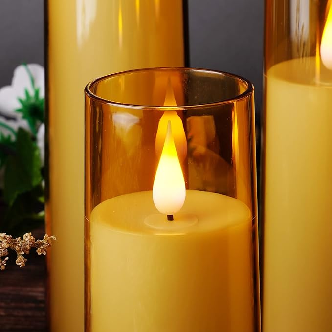 Amagic Flickering Flameless Candles, Battery Operated Candles, Amber Gold Acrylic LED Pillar Candles with Remote and Timer, 3D Wick, Yellow and Blue Glow, D2.2 xH5 5" 6" 7" 8", Set of 5