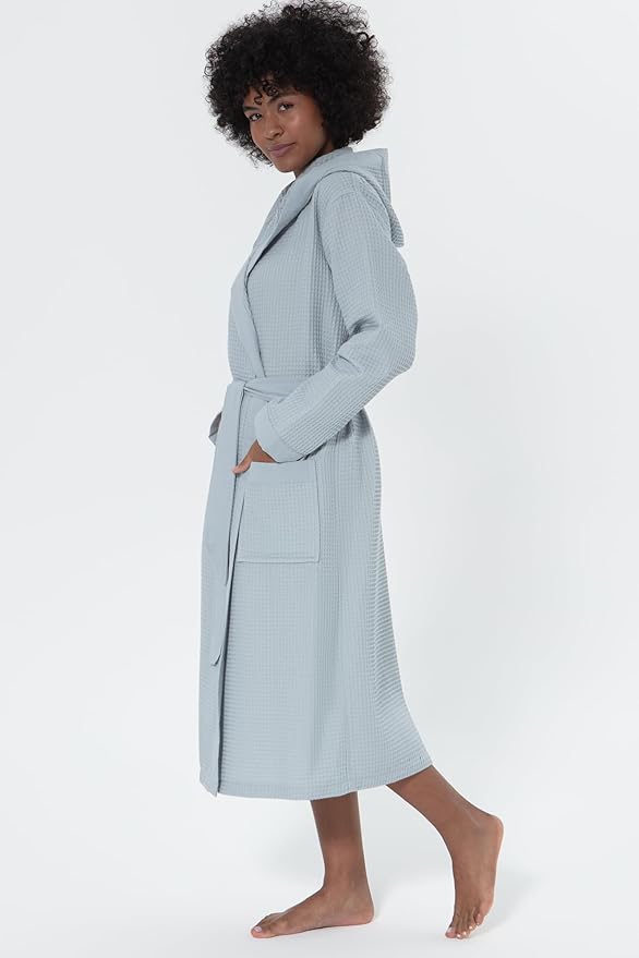 SEYANTE Women’s Luxury Waffle Shawl Collar, Hooded Robe w Piping – Lightweight, Long, Ultra Soft Spa Sleepwear Bathrobe