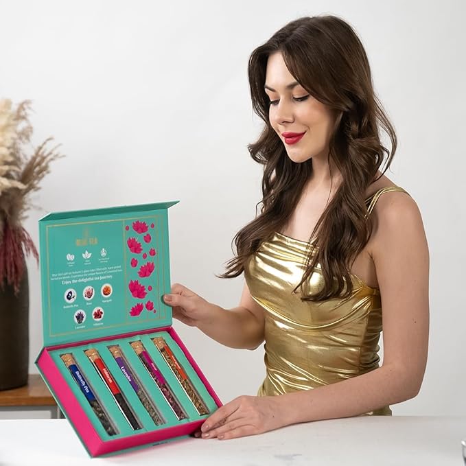 BLUE TEA - Floral Herbal Tea Gift - 5 Flower Tea in Glass Tube | EXOTIC TEA GIFT SET | Flower Based - Loose | Butterfly Pea, Rose, Marigold, Lavender, Hibiscus | Caffeine Free | Variety Tea | Tea Gifts for Women & Men