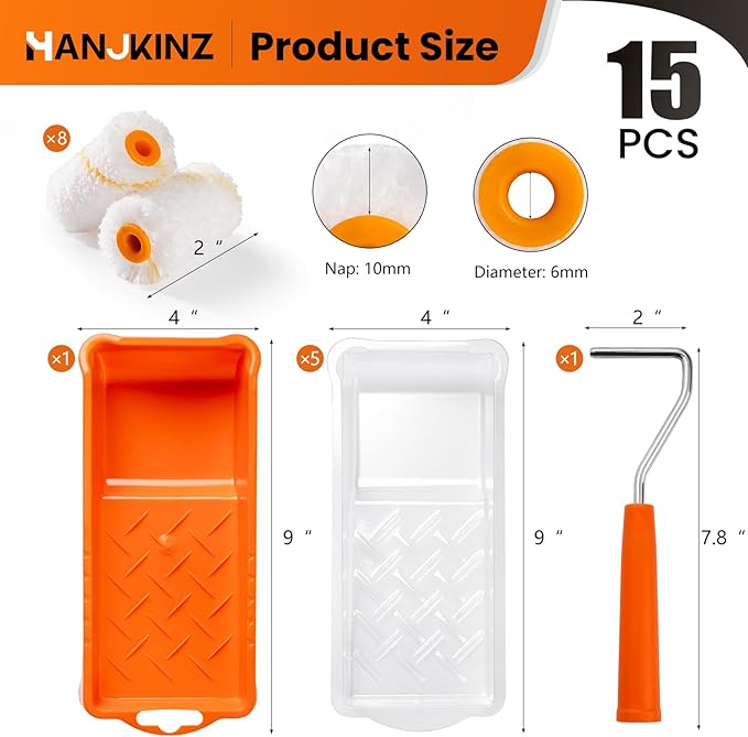 Paint Roller kit, 2 Inch 15 Pack Small Paint Roller Kit with Microfiber Paint Roller Covers, Paint Tray, Paint Tray Liner, Mini Paint Roller for Painting Corners