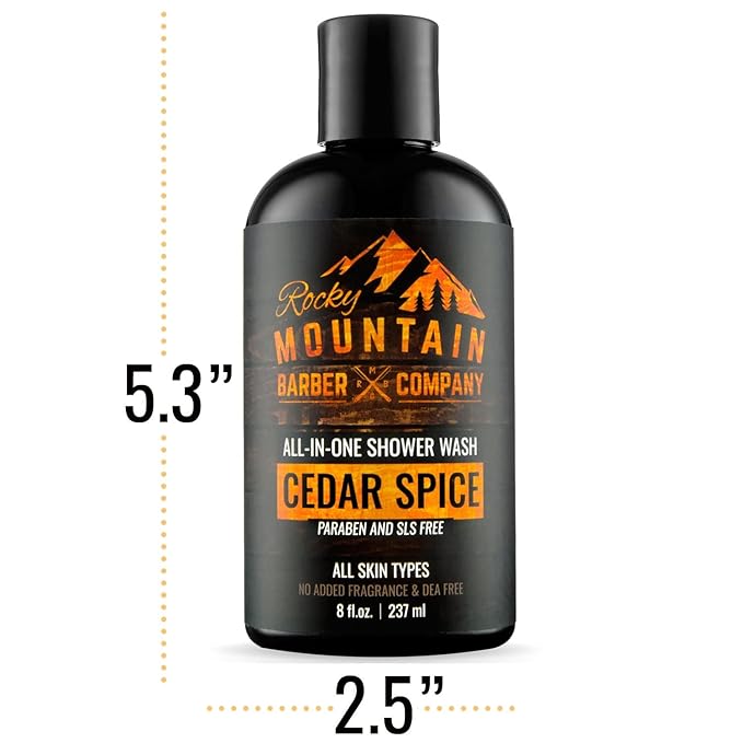 Rocky Mountain Barber Company Cedar Spice All-In-One Body Wash – Shampoo, Body Wash, Conditioner, Face Wash & Beard Wash with Essential Oils - 8 oz
