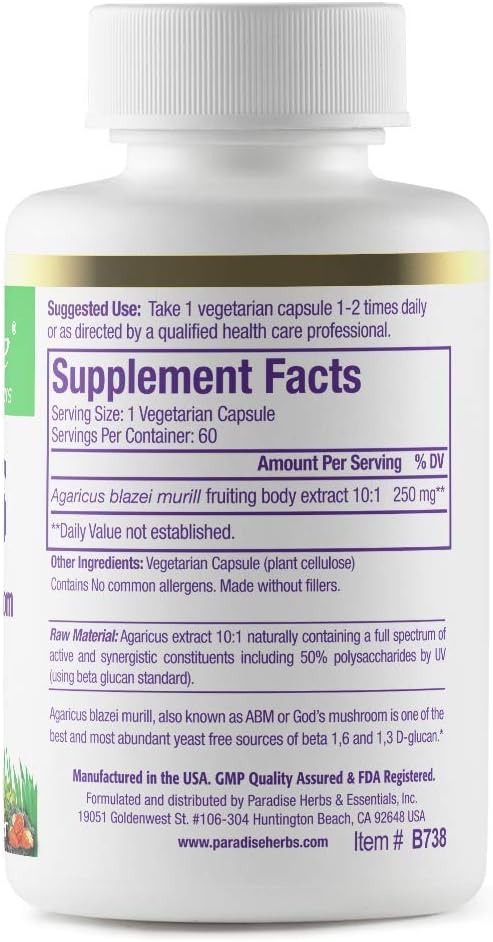 Paradise Herbs Beta Glucans, from Yeast Free Agaricus Mushrooms, Vegan, Non GMO, Gluten Free, 60 Count Vegetarian Capsules (Pack of 2)