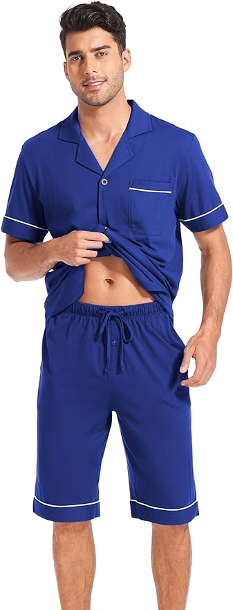 COLORFULLEAF Men's 100% Cotton Short Sleeve Pajama Sets Button Down Notched Collar Sleepwear Soft Lounge Pjs with Pockets
