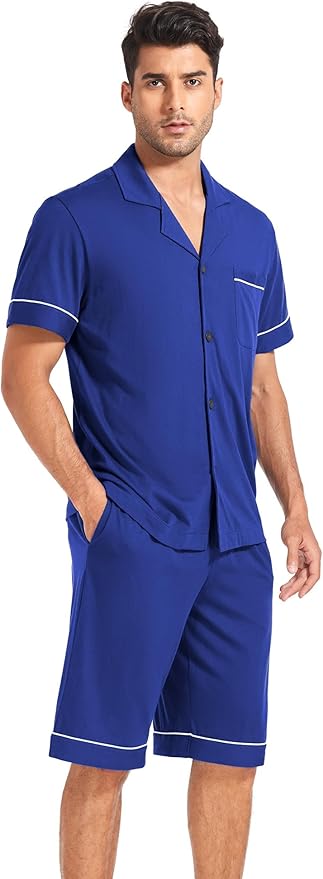 COLORFULLEAF Men's 100% Cotton Short Sleeve Pajama Sets Button Down Notched Collar Sleepwear Soft Lounge Pjs with Pockets