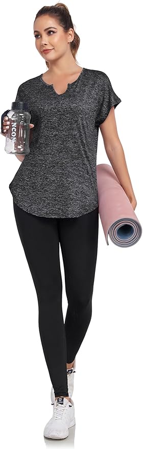 Women's Short Sleeve Workout Shirts V Neck Exercise Yoga Basic Top Quick Dry Side Split