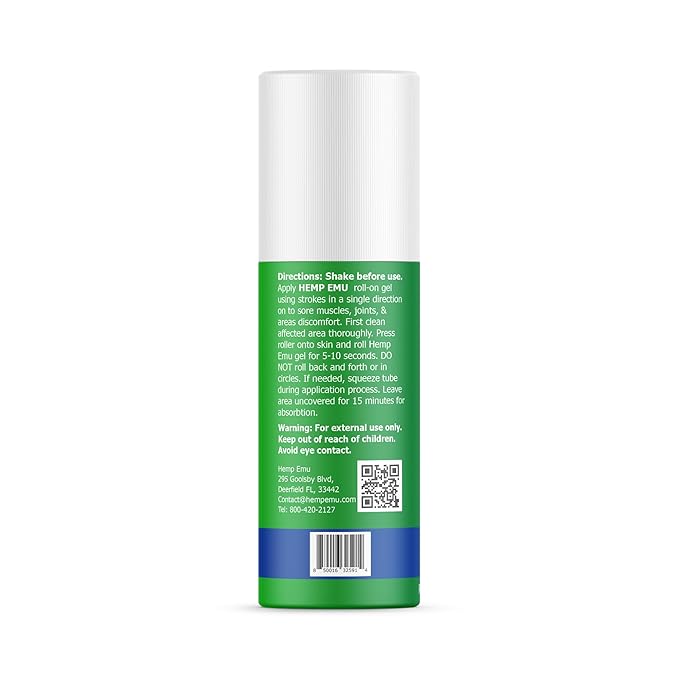 Hemp Emu - Hemp Roll On Gel - Muscle Rub for Back & Joint Discomfort - Soothing Gel with Organic Hemp Oil, Emu Oil, Menthol, Eucalyptus, Aloe Vera