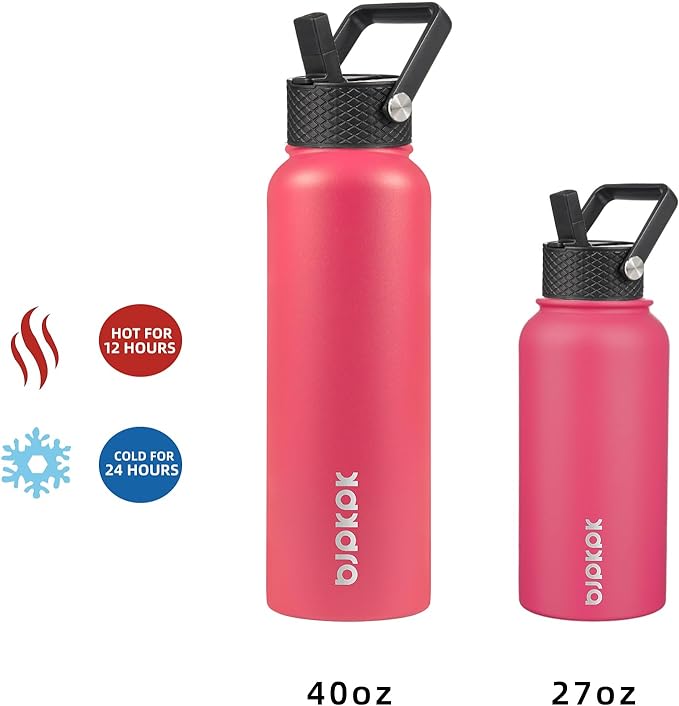 BJPKPK Insulated Water Bottles with Straw Lid, 27oz Stainless Steel Water Bottle with 3 Lids, Leak Proof BPA Free Metal Thermo, Mugs, Tumblers, Keep Cold Hot - Rose Pink