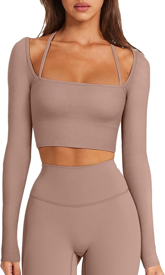 LASLULU Womens Sexy Square Neck Crop Top Ribbed Seamless Long Sleeve Workout Tops Halter Neck Athletic Yoga